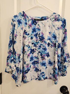 Rose & Olive Watercolor Floral Bell Sleeve Blouse Blue Purple White S